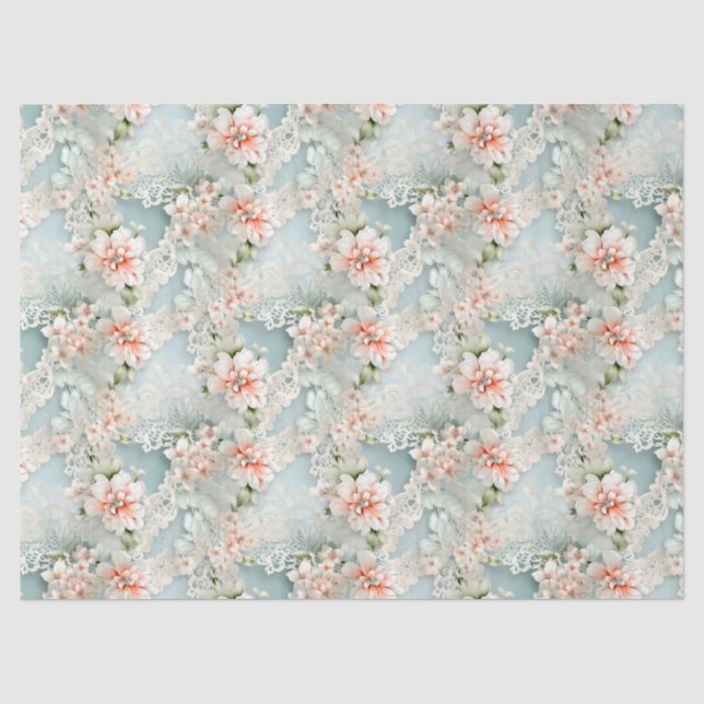 Pastel Blue & Pink Victorian Florals & Lace  Tissue Paper (Front)