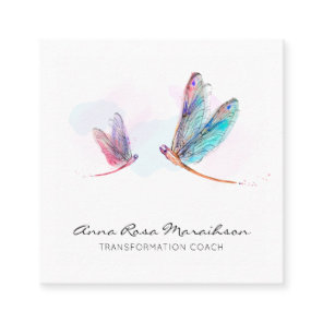 *~* Pastel Blue Pink Watercolor Dragonfly Business Square Business Card