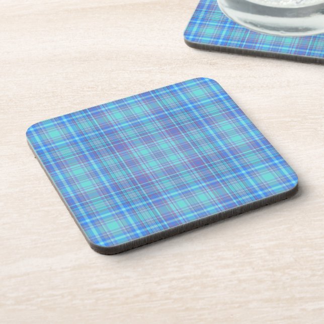 Pastel Blue Plaid Pattern Beverage Coaster (Left Side)