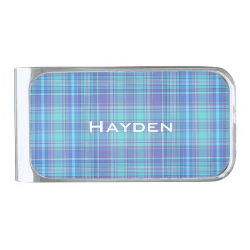 Pastel Blue Plaid Personalised Silver Finish Money Clip