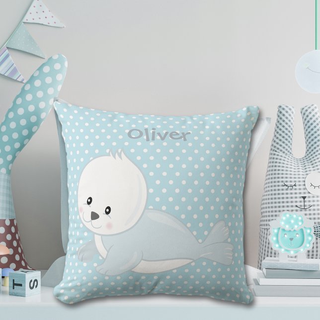 Pastel Blue Polka-Dot Baby Arctic Seal Monogram Throw Pillow (Creator Uploaded)