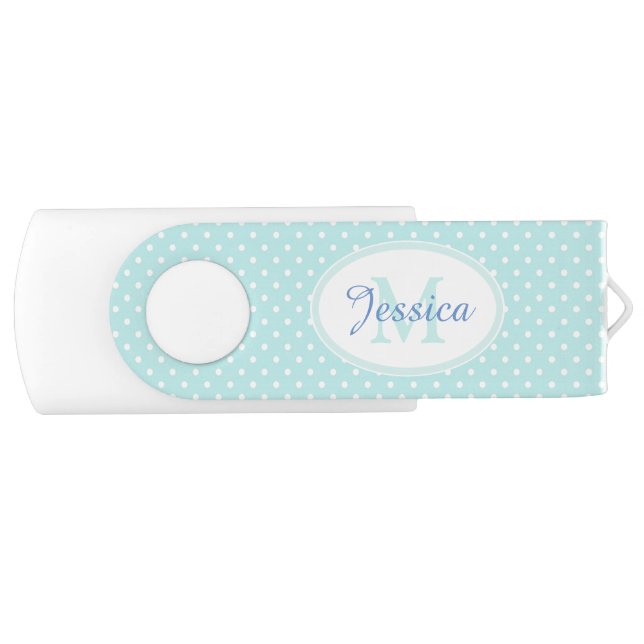 Pastel Blue Polka Dot Personalised Flash Drive (Front)