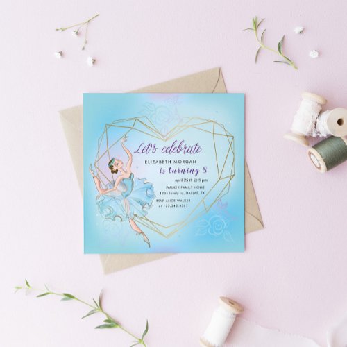 Pastel Blue Pretty Ballerina Birthday Invitation 