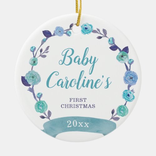 Pastel Blue  Purple Babys First Christmas Custom Ceramic Ornament