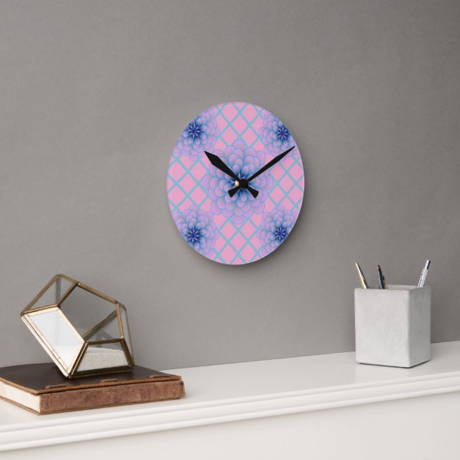 Pastel Blue Purple Floral Pattern Aesthetic Seamle Round Clock (Office)