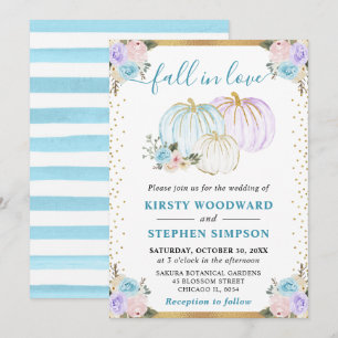 Pastel Blue & Purple Floral Pumpkins Fall Wedding Invitation