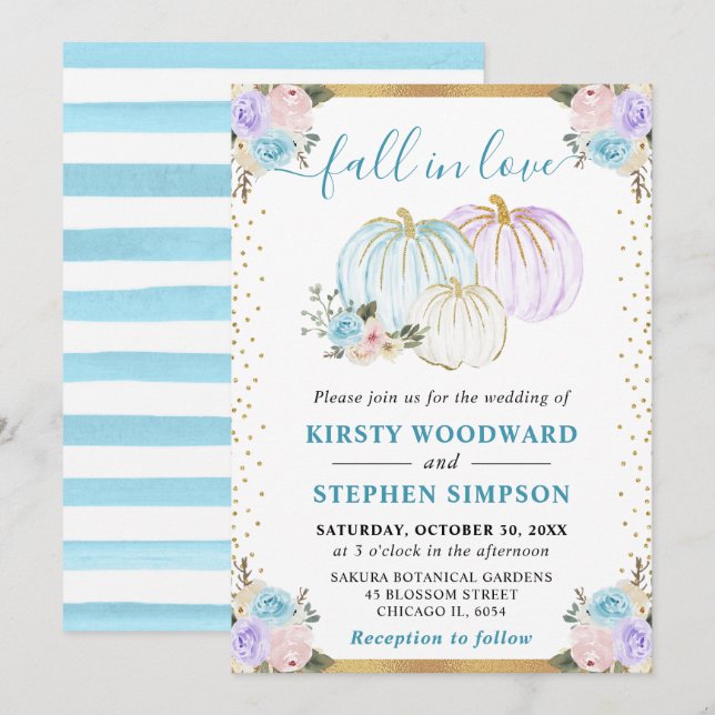Pastel Blue & Purple Floral Pumpkins Fall Wedding Invitation (Front/Back)