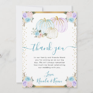 Pastel Blue & Purple Floral Pumpkins Fall Wedding Thank You Card