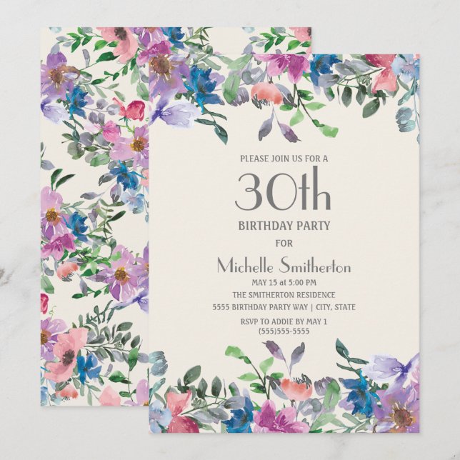 Pastel Blue Purple Floral Women's 30th Birthday Invitation (Front/Back)