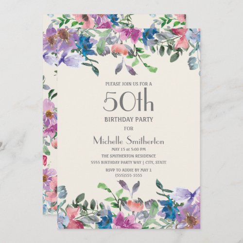 Pastel Blue Purple Floral Womens 50th Birthday Invitation