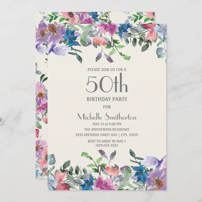 Pastel Blue Purple Floral Women's 50th Birthday Invitation | Zazzle