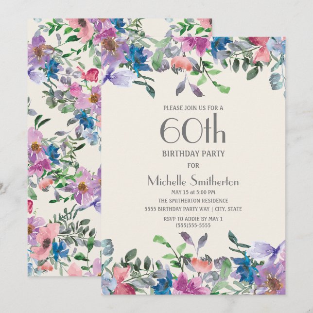 Pastel Blue Purple Floral Women's 60th Birthday Invitation (Front/Back)