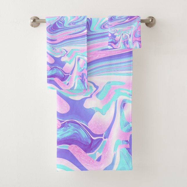 Pastel Blue & Purple Marble Liquid Texture Bath Towel Set (Insitu)