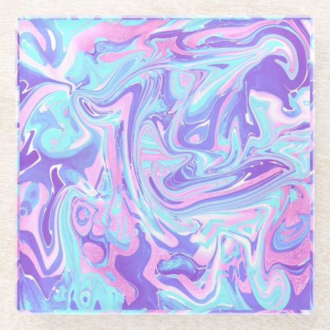 Pastel Blue & Purple Marble Liquid Texture Glass Coaster (Front)
