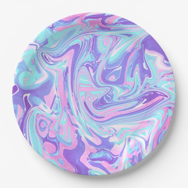 Pastel Blue & Purple Marble Liquid Texture Paper Plates (Front)