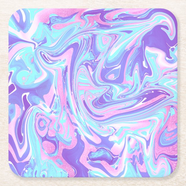 Pastel Blue & Purple Marble Liquid Texture Square Paper Coaster (Front)