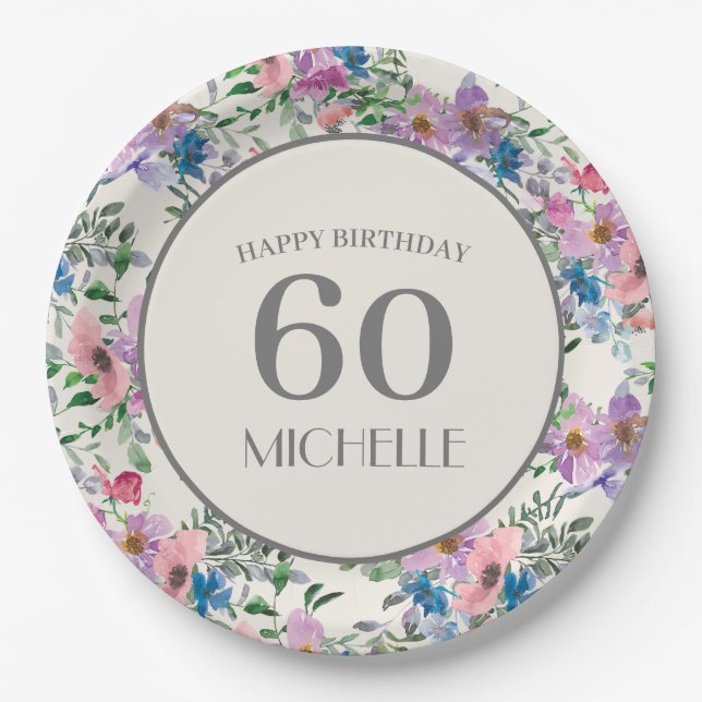 Pastel Blue Purple Pink Floral 60th Birthday Paper Plates (Front)