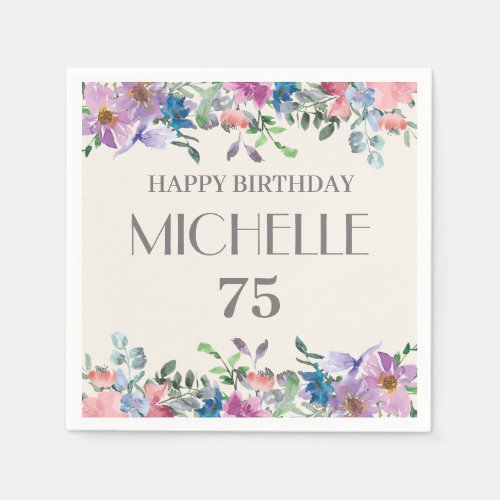 Pastel Blue Purple Pink Floral 75th Birthday Women Napkins