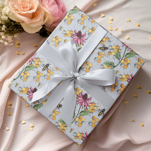 Pastel Blue Queen Bee, Honeycomb & Exotic Flowers Wrapping Paper