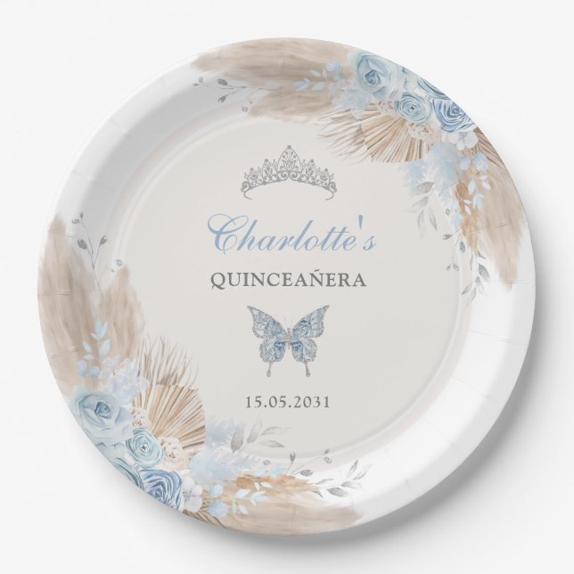Pastel Blue Quinceanera Boho Princess Mis Quince Paper Plates (Front)