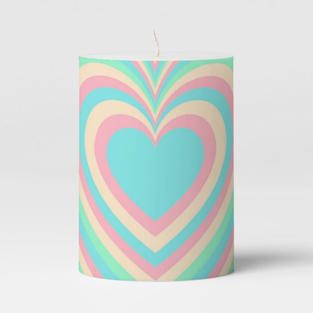 Pastel Blue Rainbow Hypnotic Heart Love Pattern Pillar Candle (Front)