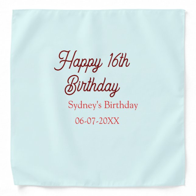 Pastel blue red happy 16th birthday name date eleg bandana (Front)