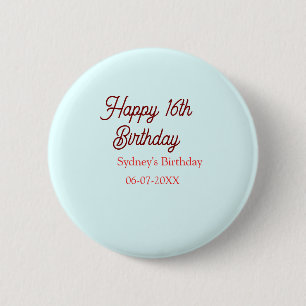 Pastel blue red happy 16th birthday name date eleg button