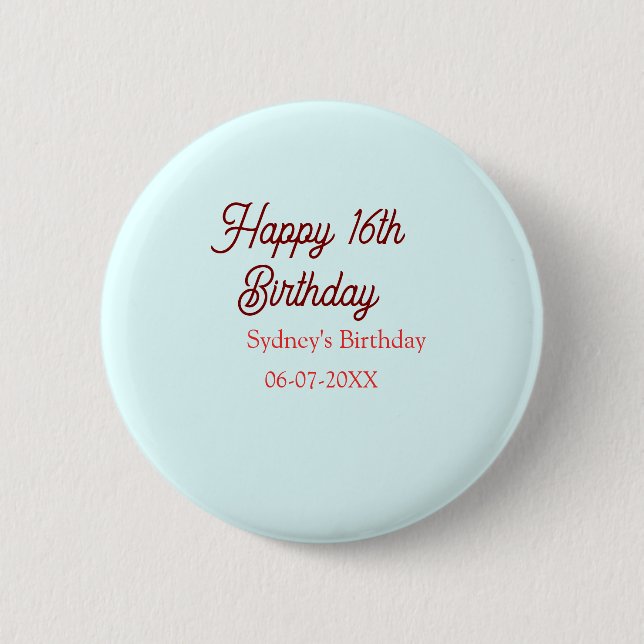 Pastel blue red happy 16th birthday name date eleg button (Front)