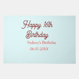 Pastel blue red happy 16th birthday name date eleg doormat