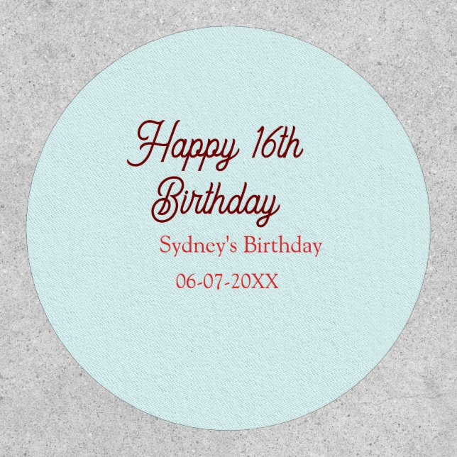 Pastel blue red happy 16th birthday name date eleg patch (Front)