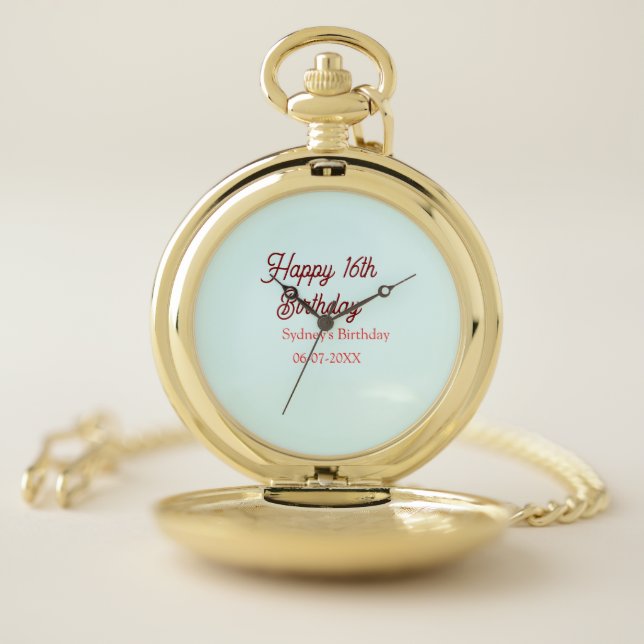 Pastel blue red happy 16th birthday name date eleg pocket watch (Inside)