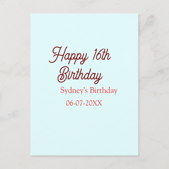 Pastel blue red happy 16th birthday name date eleg postcard (Front)