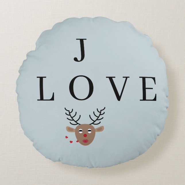 Pastel Blue Reindeer Love Joy Festive Christmas Round Pillow (Front)