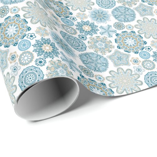 Pastel Blue Retro Abstract Christmas Snowflakes Wrapping Paper