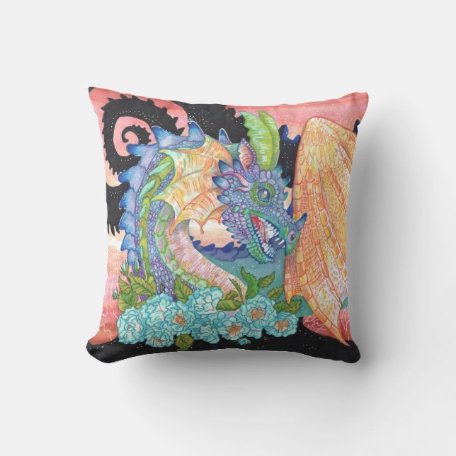 Pastel Blue Rose Dragon Throw Pillow (Front)
