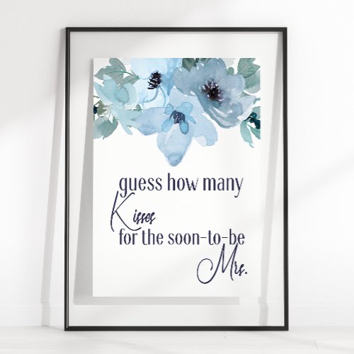 Pastel Blue Rose Floral Guess How Many Kisses Game Poster
