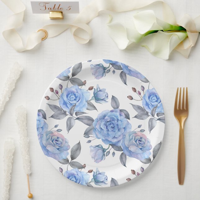 Pastel blue rose pattern paper plates (Wedding)