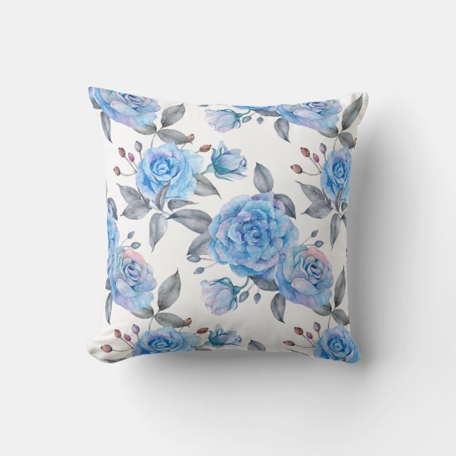 Pastel blue rose pattern throw pillow (Front)