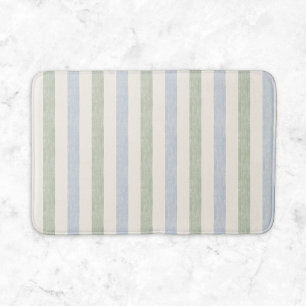 Pastel Blue Sage Green Stripe Boho Farmhouse Bath Mat