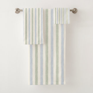 Pastel Blue Sage Green Stripe Boho Farmhouse Bath Towel Set