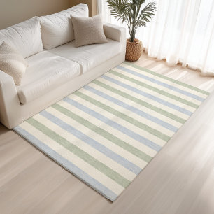 Pastel Blue Sage Green Stripe Boho Farmhouse Rug