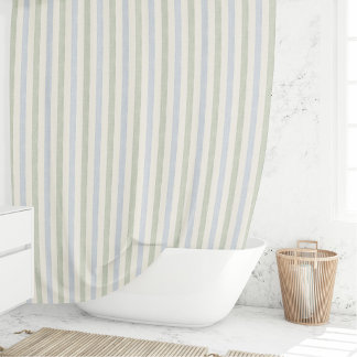Pastel Blue Sage Green Stripe Boho Farmhouse Shower Curtain