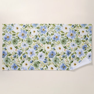 Pastel Blue & Sage Green Watercolor Floral Beach Towel