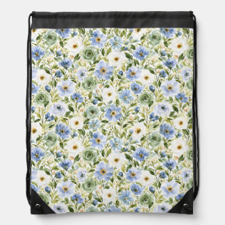 Pastel Blue & Sage Green Watercolor Floral Drawstring Bag