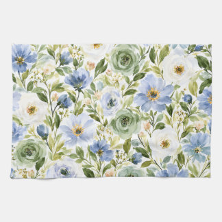 Pastel Blue & Sage Green Watercolor Floral Kitchen Towel