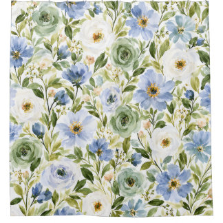 Pastel Blue & Sage Green Watercolor Floral Shower Curtain