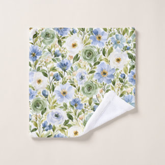 Pastel Blue & Sage Green Watercolor Floral Wash Cloth