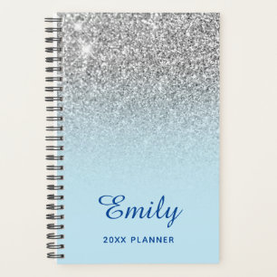 Pastel Blue Silver Glitter Ombre Personalized Planner