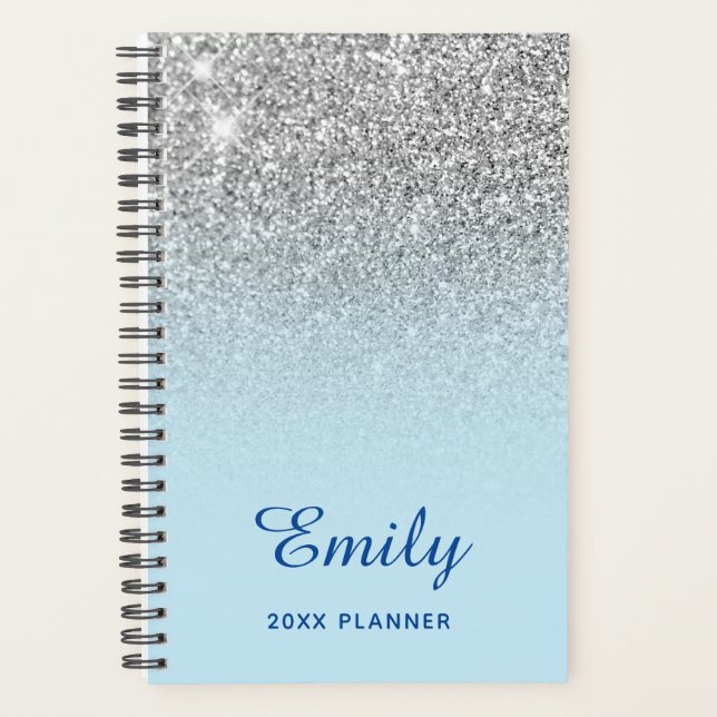 Pastel Blue Silver Glitter Ombre Personalized Planner (Front)