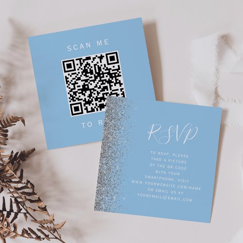 Pastel Blue Silver Glitter Wedding QR Code RSVP Enclosure Card